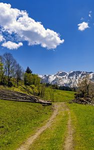 Preview wallpaper field, trees, mountains, clouds, sky, nature