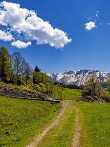 Preview wallpaper field, trees, mountains, clouds, sky, nature