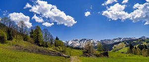 Preview wallpaper field, trees, mountains, clouds, sky, nature