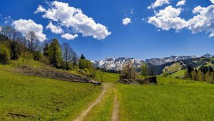 Preview wallpaper field, trees, mountains, clouds, sky, nature