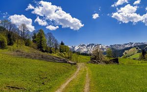 Preview wallpaper field, trees, mountains, clouds, sky, nature