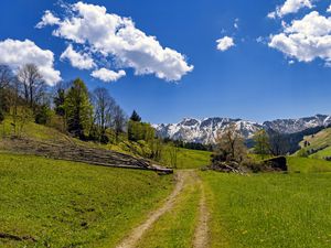 Preview wallpaper field, trees, mountains, clouds, sky, nature