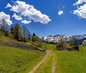 Preview wallpaper field, trees, mountains, clouds, sky, nature