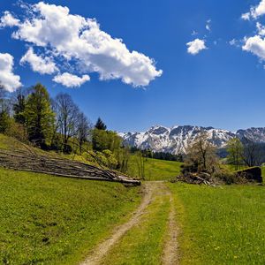 Preview wallpaper field, trees, mountains, clouds, sky, nature