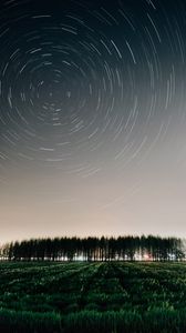 Preview wallpaper field, trees, stars, long exposure