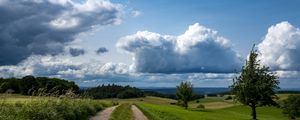 Preview wallpaper fields, trees, bushes, clouds, sky, landscape