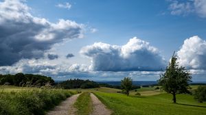 Preview wallpaper fields, trees, bushes, clouds, sky, landscape