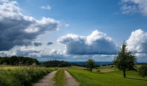 Preview wallpaper fields, trees, bushes, clouds, sky, landscape