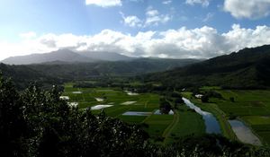Preview wallpaper fields, water, agriculture, clouds, sky, mountains, height