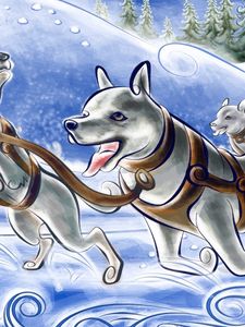 Preview wallpaper figure, dog, wagon, sled, snow, running