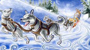 Preview wallpaper figure, dog, wagon, sled, snow, running