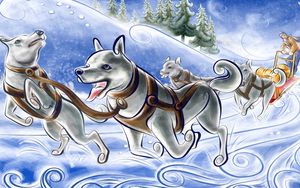 Preview wallpaper figure, dog, wagon, sled, snow, running