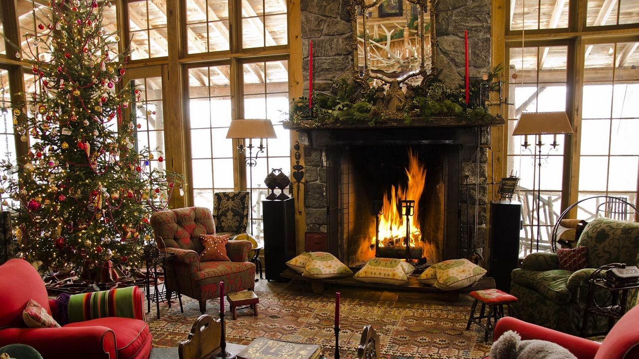 Wallpaper fir, fireplace, christmas, home, comfort, armchairs