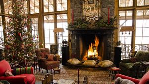 Preview wallpaper fir, fireplace, christmas, home, comfort, armchairs