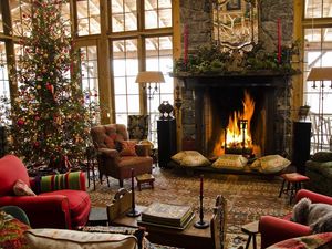 Preview wallpaper fir, fireplace, christmas, home, comfort, armchairs