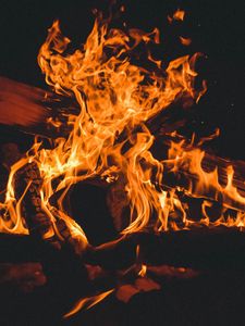 Preview wallpaper fire, bonfire, firewood, flame, dark, burning