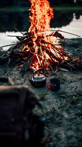 Preview wallpaper fire, dishes, camping, hiking