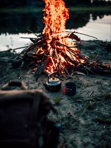 Preview wallpaper fire, dishes, camping, hiking