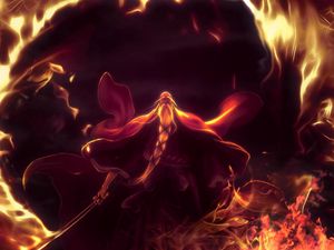 Preview wallpaper fire, flame, sword, old man, magician