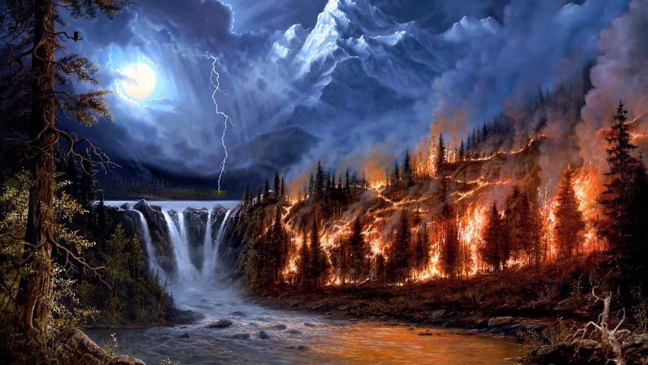 Wallpaper fire, lightning, moon, night, wood, mountains, falls, trees