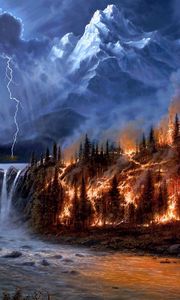 Preview wallpaper fire, lightning, moon, night, wood, mountains, falls, trees