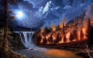 Preview wallpaper fire, lightning, moon, night, wood, mountains, falls, trees