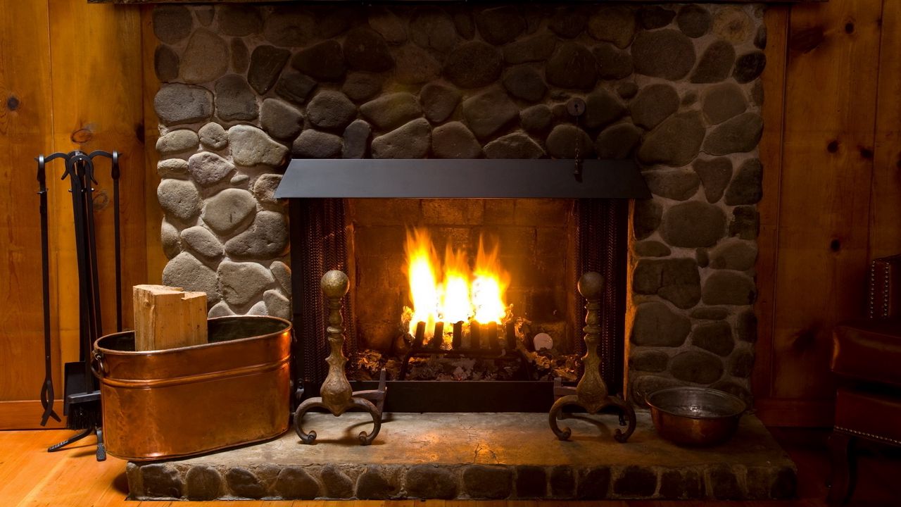 Wallpaper fireplace, cozy, interior, lamp