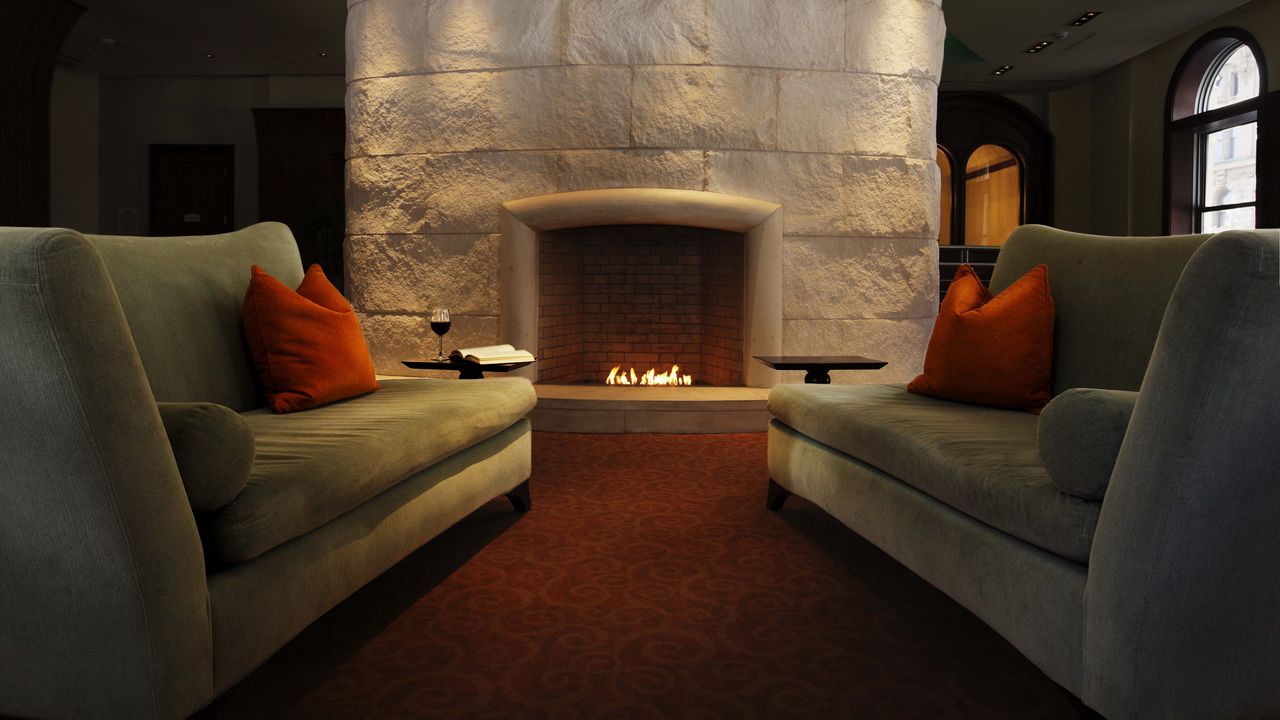 Wallpaper fireplace, example, interior, living room, sofas