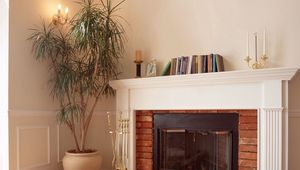 Preview wallpaper fireplace, flowers, plants, books, comfort