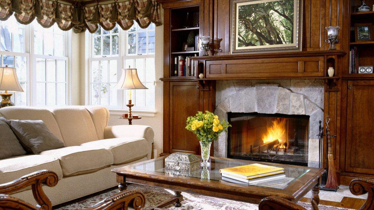 Wallpaper fireplace, sofa, table, wardrobe, furniture, interior