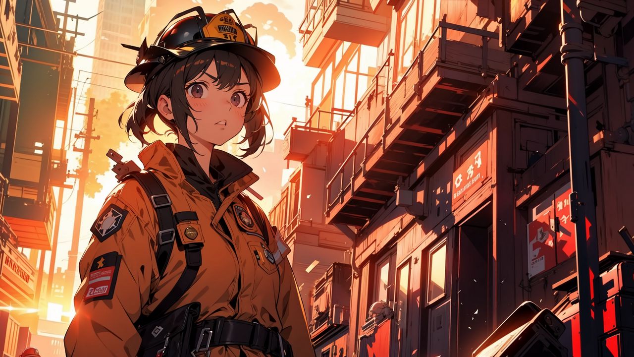 Wallpaper firewoman, girl, art, anime, orange