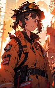 Preview wallpaper firewoman, girl, art, anime, orange