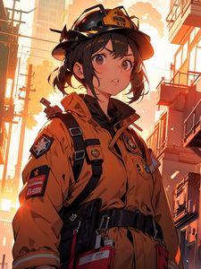 Preview wallpaper firewoman, girl, art, anime, orange