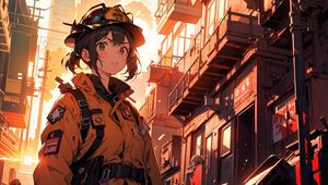 Preview wallpaper firewoman, girl, art, anime, orange