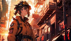 Preview wallpaper firewoman, girl, art, anime, orange