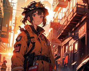 Preview wallpaper firewoman, girl, art, anime, orange