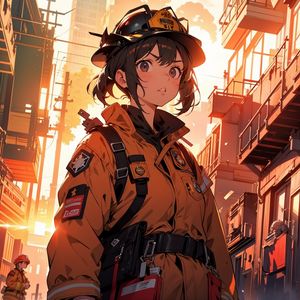 Preview wallpaper firewoman, girl, art, anime, orange