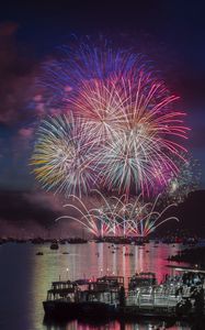 Preview wallpaper fireworks, bay, yachts, mountains, sky, night