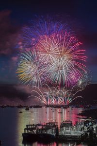 Preview wallpaper fireworks, bay, yachts, mountains, sky, night