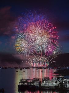 Preview wallpaper fireworks, bay, yachts, mountains, sky, night