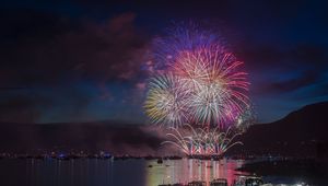 Preview wallpaper fireworks, bay, yachts, mountains, sky, night