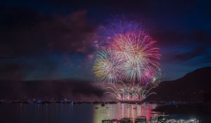 Preview wallpaper fireworks, bay, yachts, mountains, sky, night