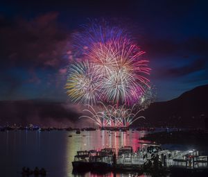 Preview wallpaper fireworks, bay, yachts, mountains, sky, night