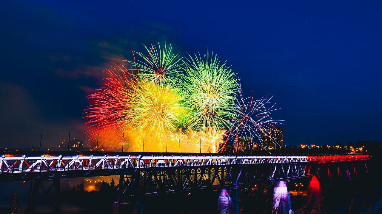 Wallpaper fireworks, bridge, holiday, colorful