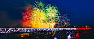 Preview wallpaper fireworks, bridge, holiday, colorful