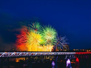 Preview wallpaper fireworks, bridge, holiday, colorful