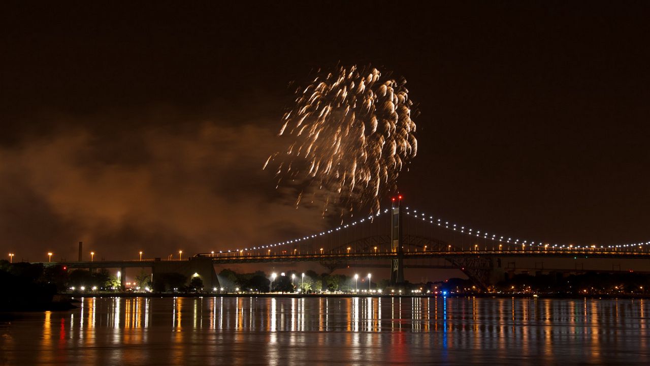 Wallpaper fireworks, bridge, lights, river, night
