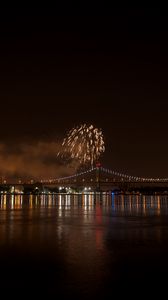 Preview wallpaper fireworks, bridge, lights, river, night