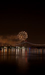 Preview wallpaper fireworks, bridge, lights, river, night