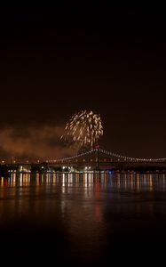 Preview wallpaper fireworks, bridge, lights, river, night